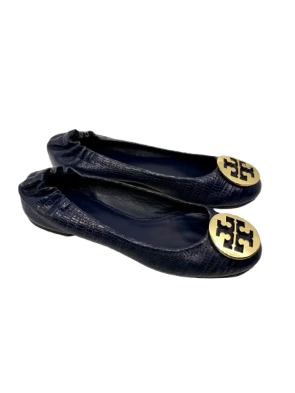 TORY BURCH~Gold Reva Logo~BALLET FLATS~NAVY BLUE EMBOSSED LEATHER SHOES~8.5M